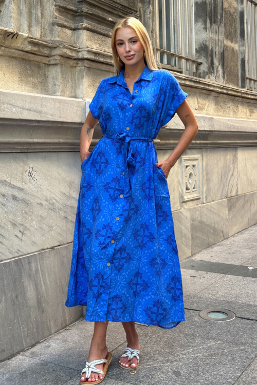 Saks Kendinden Kemerli Desenli Dokuma Yazlık Gömlek Elbise BCVL-25V083