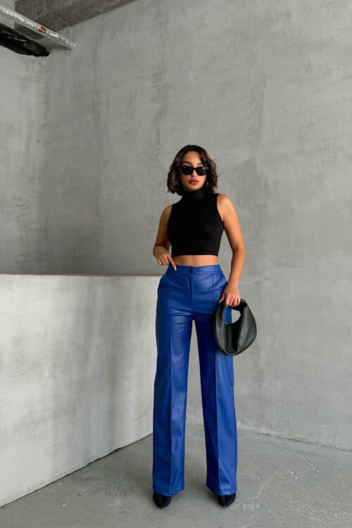 Saks Önü Dikiş Detaylı Suni Deri Palazzo Pantolon BCHN-2526654