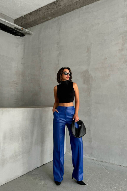 Saks Önü Dikiş Detaylı Suni Deri Palazzo Pantolon BCHN-2526654