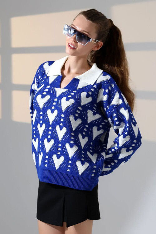 Saks Polo Yaka Kalp Desenli Triko Kazak BCES-252026