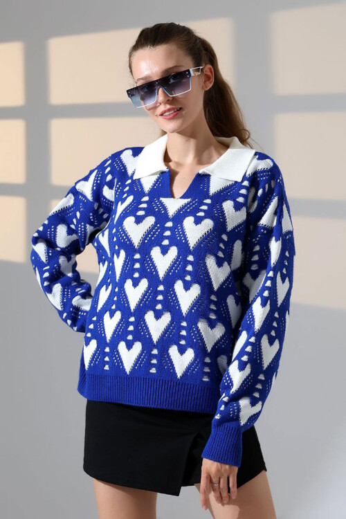 Saks Polo Yaka Kalp Desenli Triko Kazak BCES-252026