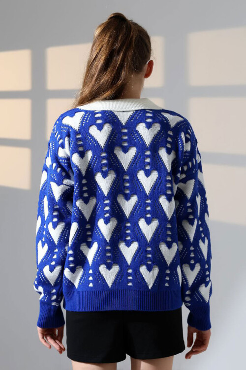 Saks Polo Yaka Kalp Desenli Triko Kazak BCES-252026