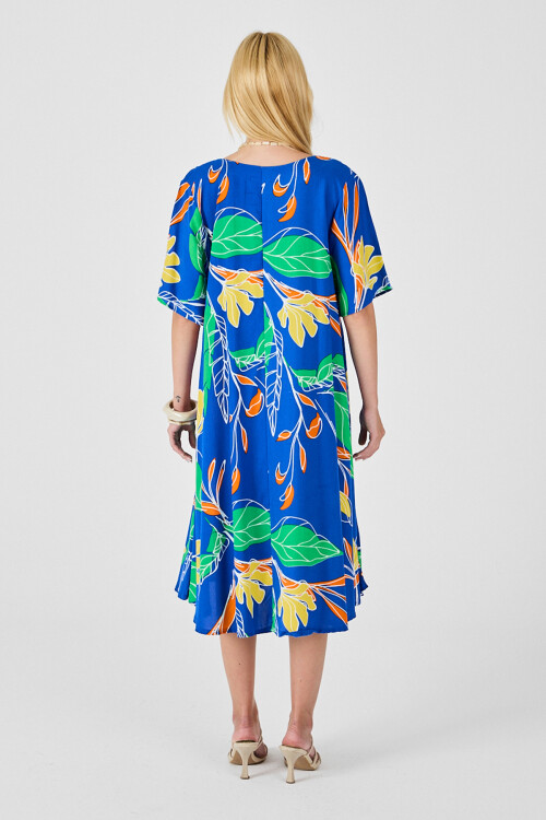 Saks Yaprak Desenli U Yaka Kısa Kollu Midi Boy Elbise BCVL-254011