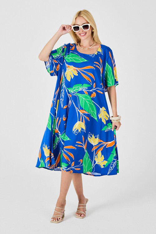 Saks Yaprak Desenli U Yaka Kısa Kollu Midi Boy Elbise BCVL-254011