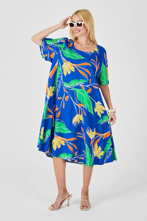 Saks Yaprak Desenli U Yaka Kısa Kollu Midi Boy Elbise BCVL-254011