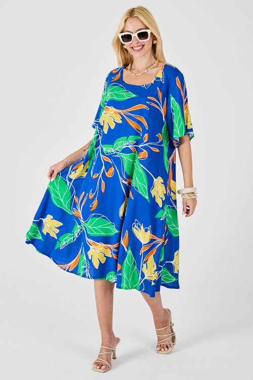 Saks Yaprak Desenli U Yaka Kısa Kollu Midi Boy Elbise BCVL-254011