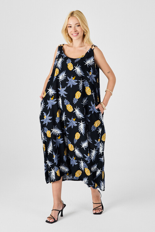 Sarı Askılı Boncuk Detaylı Çift Cepli Desenli Salaş Elbise BCVL-254027