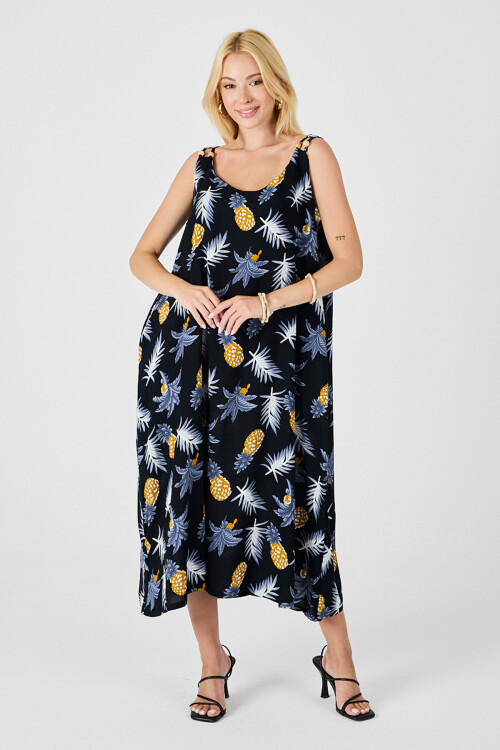 Sarı Askılı Boncuk Detaylı Çift Cepli Desenli Salaş Elbise BCVL-254027