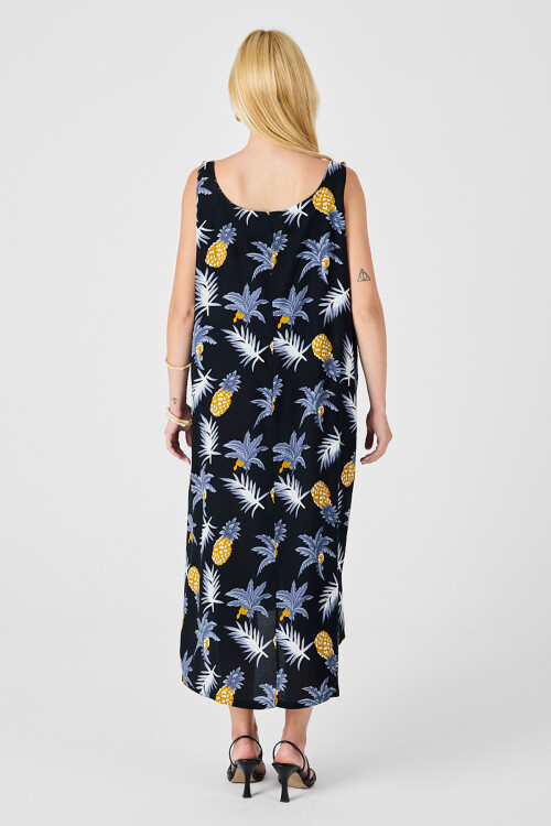 Sarı Askılı Boncuk Detaylı Çift Cepli Desenli Salaş Elbise BCVL-254027