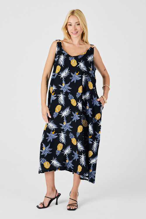 Sarı Askılı Boncuk Detaylı Çift Cepli Desenli Salaş Elbise BCVL-254027