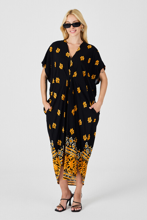 Sarı Desenli V Yaka Salaş Kesim Kaftan Elbise BCVL-254024