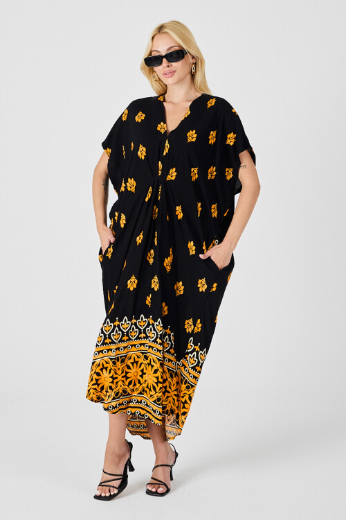 Sarı Desenli V Yaka Salaş Kesim Kaftan Elbise BCVL-254024