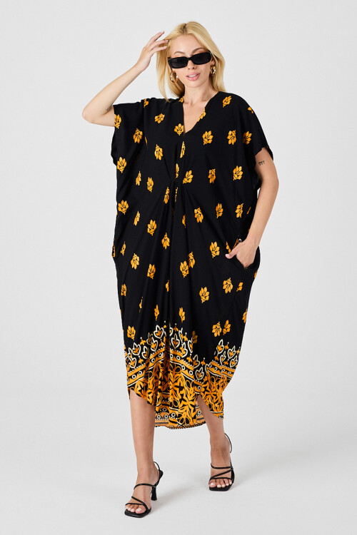 Sarı Desenli V Yaka Salaş Kesim Kaftan Elbise BCVL-254024