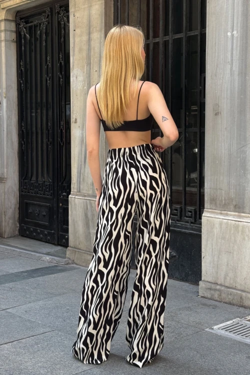 Siyah Beli Bağlamalı Bol Kesim Palazzo Yazlık Pantolon