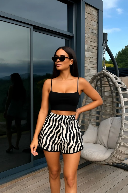 Siyah Beli Lastikli Desenli Yazlık Dokuma Şort BCPK-2510001