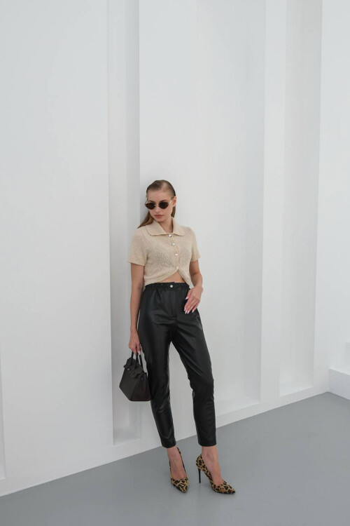 Siyah Beli Lastikli Suni Deri Pantolon BCHN-25W26637