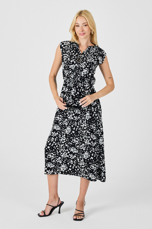 Siyah-Beyaz Çentik Yaka Düğmeli Desenli Kolsuz Midi Elbise BCVL-254025