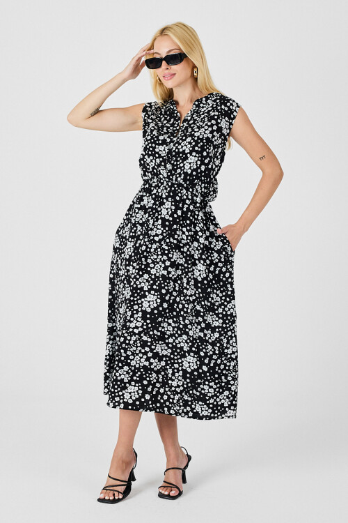 Siyah-Beyaz Çentik Yaka Düğmeli Desenli Kolsuz Midi Elbise BCVL-254025