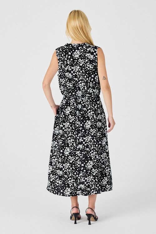 Siyah-Beyaz Çentik Yaka Düğmeli Desenli Kolsuz Midi Elbise BCVL-254025