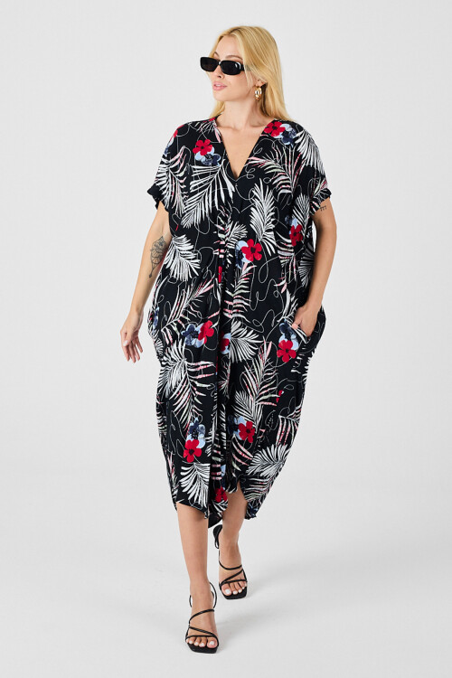 Siyah-Beyaz Desenli V Yaka Salaş Kesim Kaftan Elbise BCVL-254024