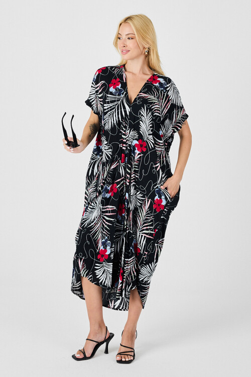 Siyah-Beyaz Desenli V Yaka Salaş Kesim Kaftan Elbise BCVL-254024