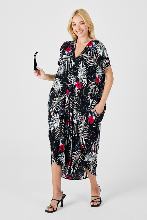 Siyah-Beyaz Desenli V Yaka Salaş Kesim Kaftan Elbise BCVL-254024