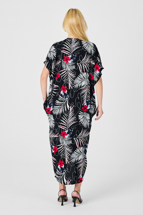 Siyah-Beyaz Desenli V Yaka Salaş Kesim Kaftan Elbise BCVL-254024