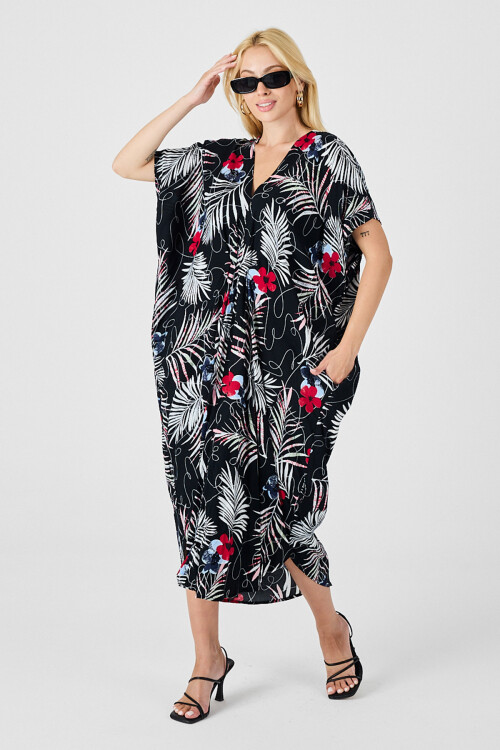 Siyah-Beyaz Desenli V Yaka Salaş Kesim Kaftan Elbise BCVL-254024