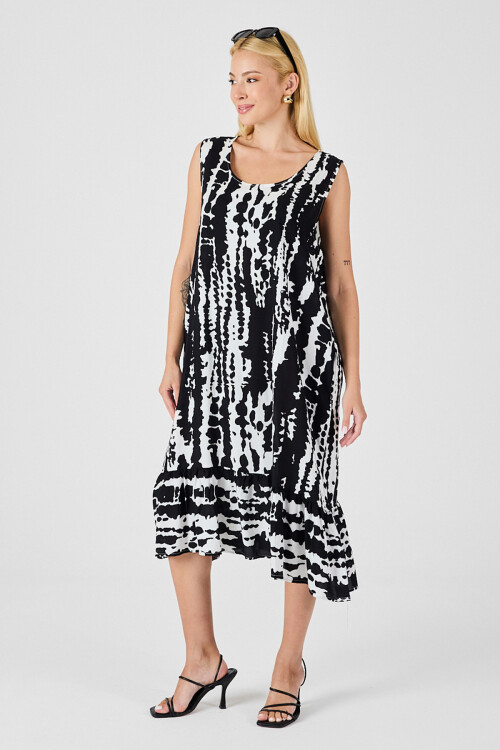 Siyah-Beyaz Oval Yaka Çift Cepli Volanlı Kolsuz Midi Elbise BCVL-254026