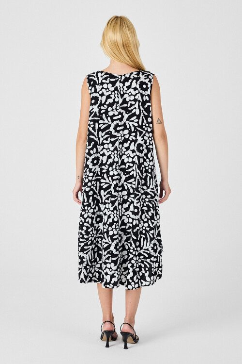 Siyah-Beyaz U Yaka Kolsuz Eteği Asimetrik Kesim Desenli Midi Boy Elbise BCVL-254016