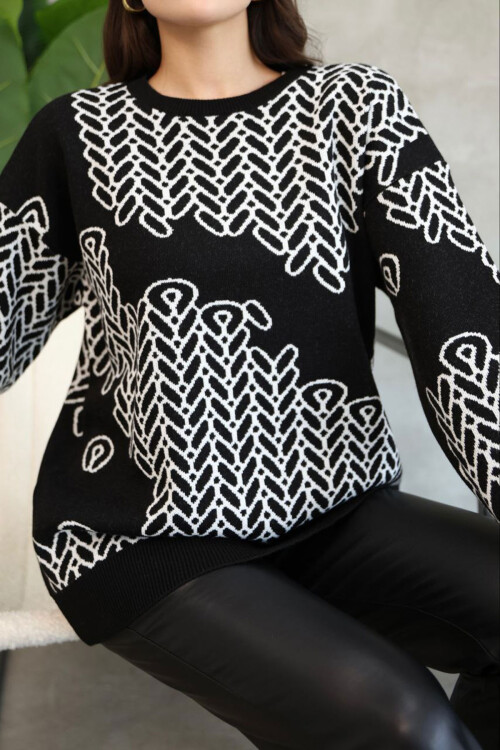 Siyah Bisiklet Yaka Desenli Triko Kazak BCES-252046