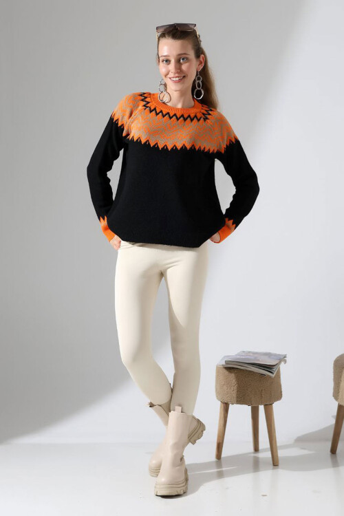 Siyah Bisiklet Yaka Kar Desenli Triko Kazak BCES-252028