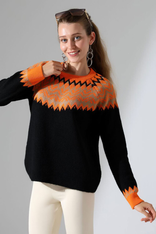 Siyah Bisiklet Yaka Kar Desenli Triko Kazak BCES-252028