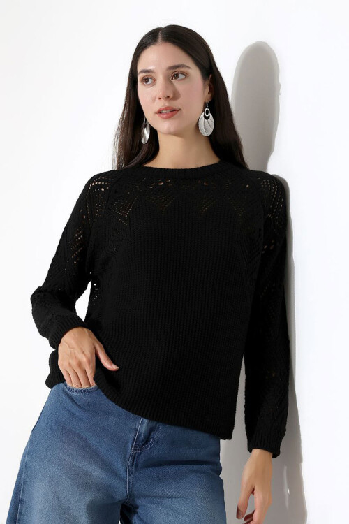 Siyah Bisiklet Yaka Motif İşlemeli Triko Kazak BCES-252036