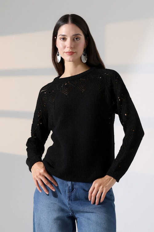 Siyah Bisiklet Yaka Motif İşlemeli Triko Kazak BCES-252036