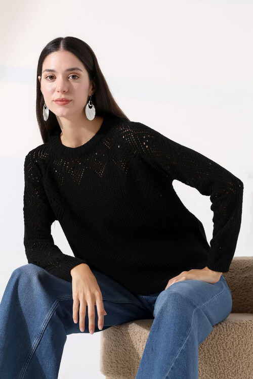 Siyah Bisiklet Yaka Motif İşlemeli Triko Kazak BCES-252036