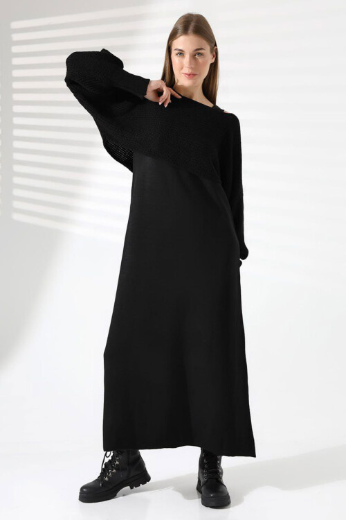 Siyah Bisiklet Yaka Örgü Motifli Crop Kazak Ve Triko Elbise Takım BCES-241003