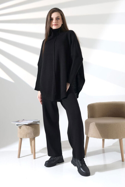 Siyah Boğazlı Salaş Kesim Kazak Ve Fit Pantolon Alt Üst Triko Takım BCES-252033