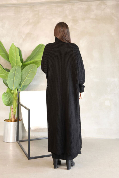 Siyah Boğazlı Uzun Kol Triko Elbise Ve Uzun Hırka Tesettür Alt Üst Triko Takım BCES-252039