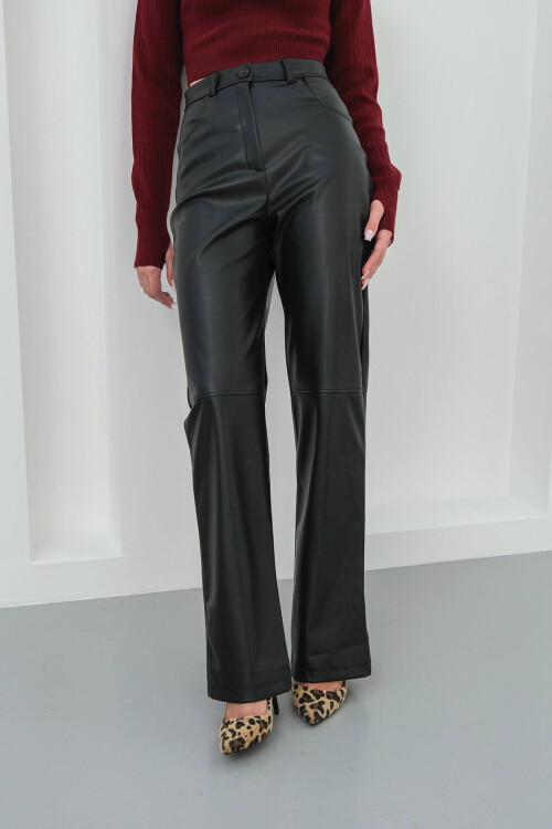 Siyah Çift Cepli Fit Kesim Suni Deri Pantolon BCHN-25267542