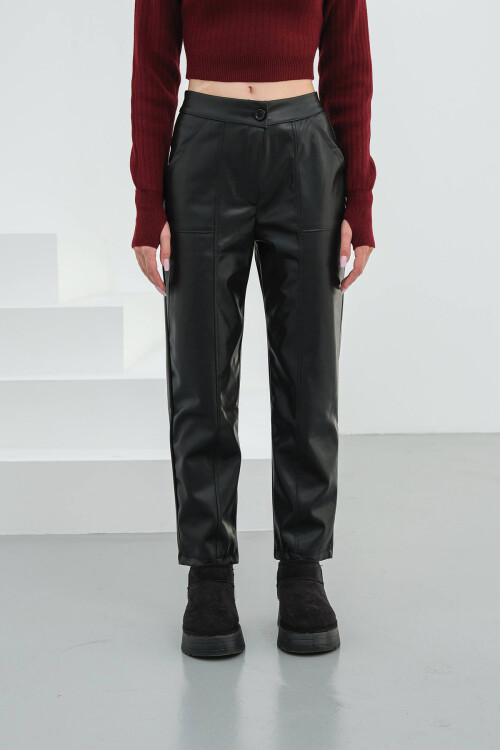 Siyah Çift Cepli Önü Dikiş Detaylı Suni Deri Pantolon BCHN-25265098