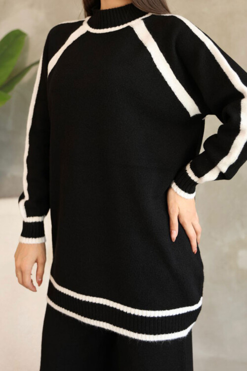 Siyah Çizgi Detaylı Bisiklet Yaka Tunik Ve Geniş Paça Triko Alt Üst Takım BCES-252030