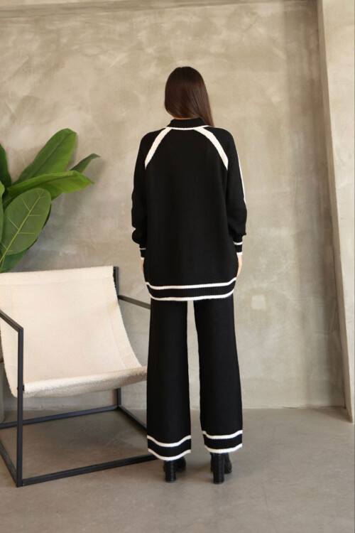 Siyah Çizgi Detaylı Bisiklet Yaka Tunik Ve Geniş Paça Triko Alt Üst Takım BCES-252030