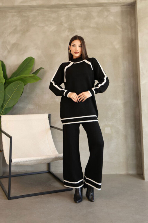 Siyah Çizgi Detaylı Bisiklet Yaka Tunik Ve Geniş Paça Triko Alt Üst Takım BCES-252030
