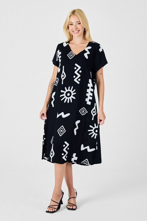 Siyah Desenli V Yaka Kısa Kollu Yırtmaçlı Midi Boy Elbise BCVL-254013