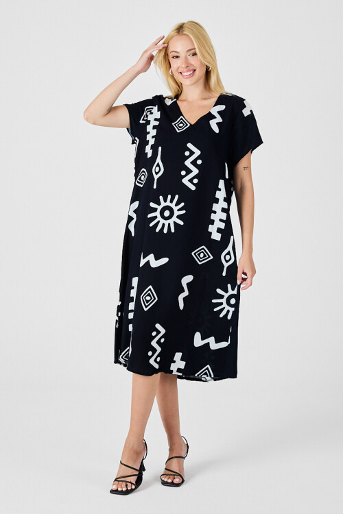 Siyah Desenli V Yaka Kısa Kollu Yırtmaçlı Midi Boy Elbise BCVL-254013