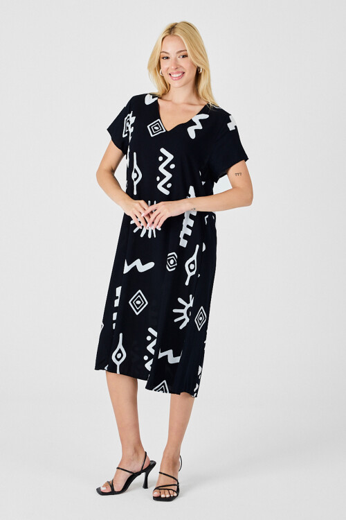 Siyah Desenli V Yaka Kısa Kollu Yırtmaçlı Midi Boy Elbise BCVL-254013