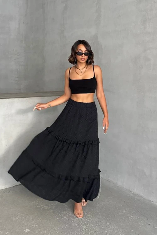 Siyah Dokuma Güpürlü Astarlı Fırfırlı Etek BCHN-25255047