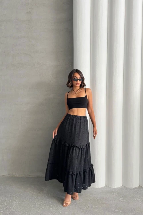 Siyah Dokuma Güpürlü Astarlı Fırfırlı Etek BCHN-25255047