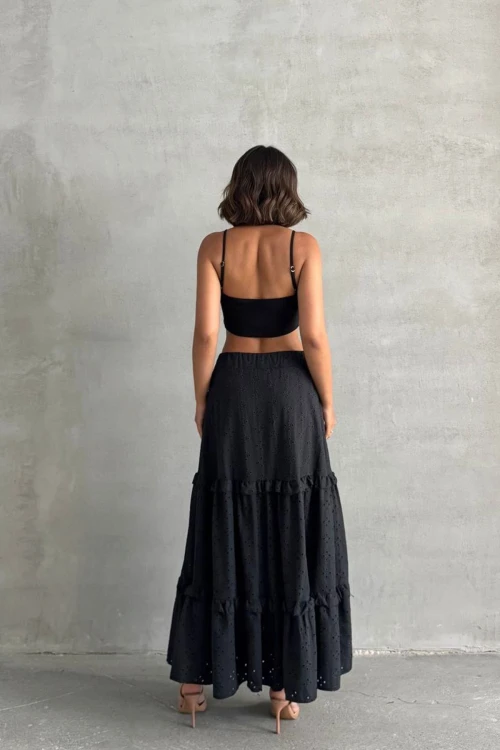 Siyah Dokuma Güpürlü Astarlı Fırfırlı Etek BCHN-25255047